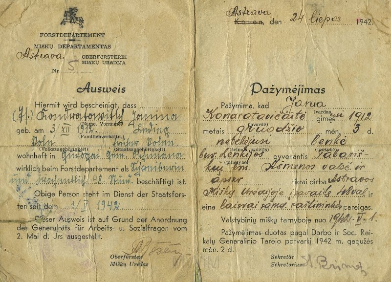 KKE 5275.jpg - (niemiecko-litewski) Dok. Ausweis. Janina Kondratowicz (ur. 3 XII 1912 r. w Taboryszkach), Astrava, 24 VII 1942 r.